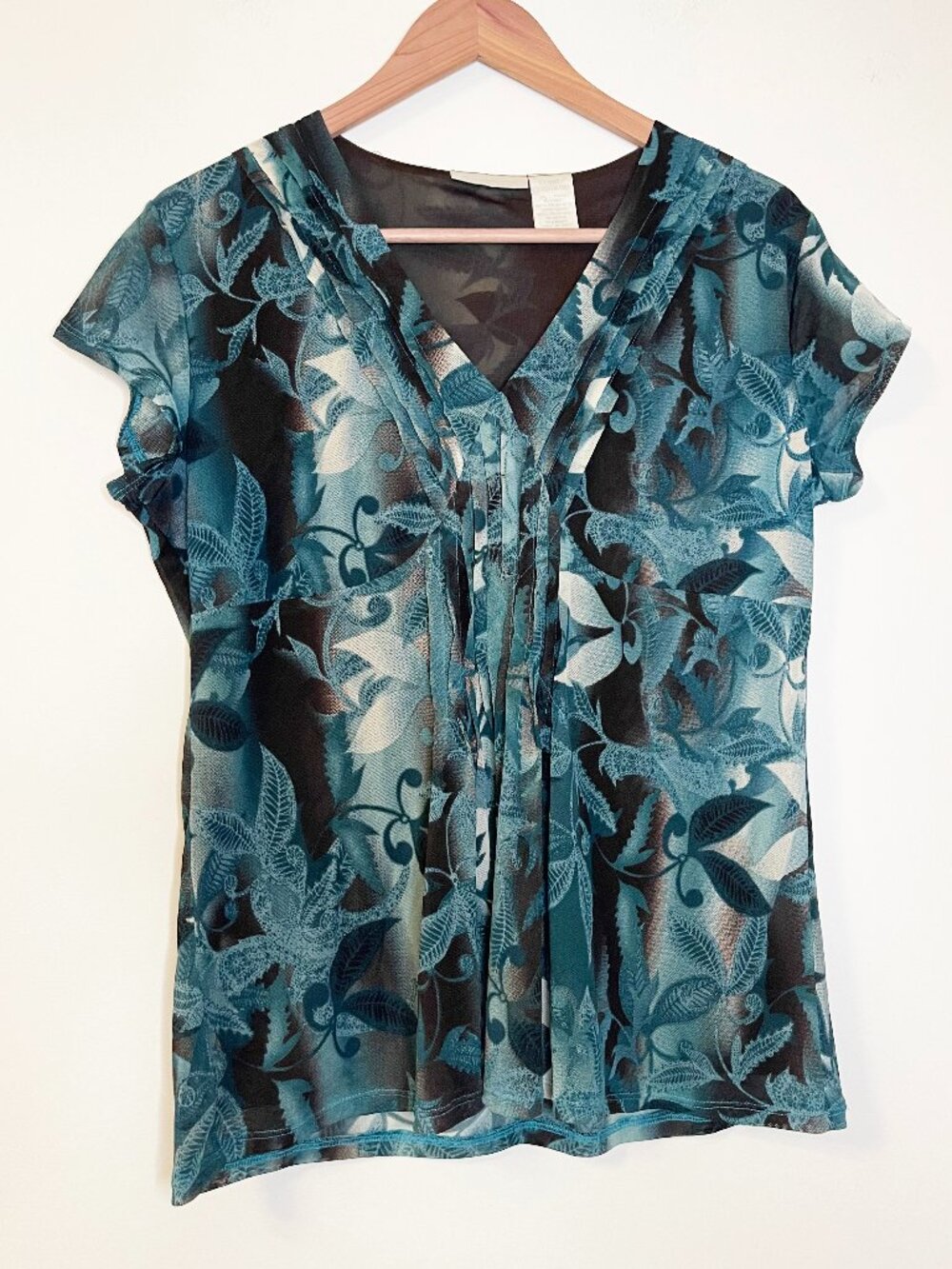 Worthington Teal Floral Mesh Blouse Pintuck V Neck Short Sleeve Top XL Y2K
